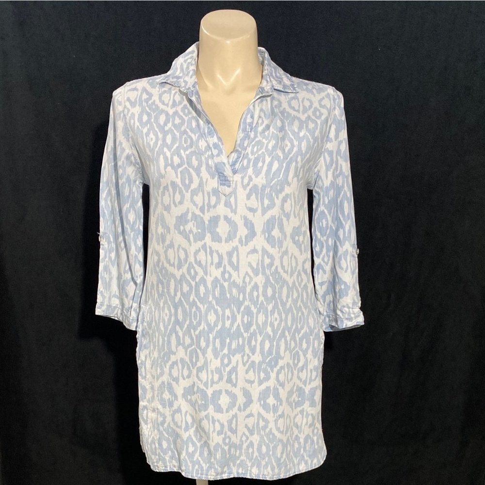 Crazy Train M‎ Tunic Top Shirt Dress Light Blue Animal Print Short Sl Pullover